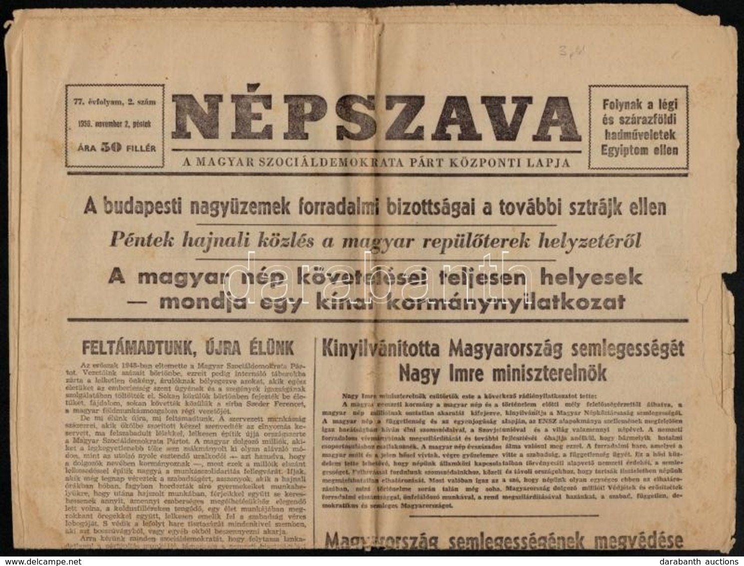 1956 Népszava. 77. évf. 2. Sz., 1956. Nov. 2. Szerk.: Kéthly Anna. Szakadt, Lapszéli Hiánnyal. - Non Classés