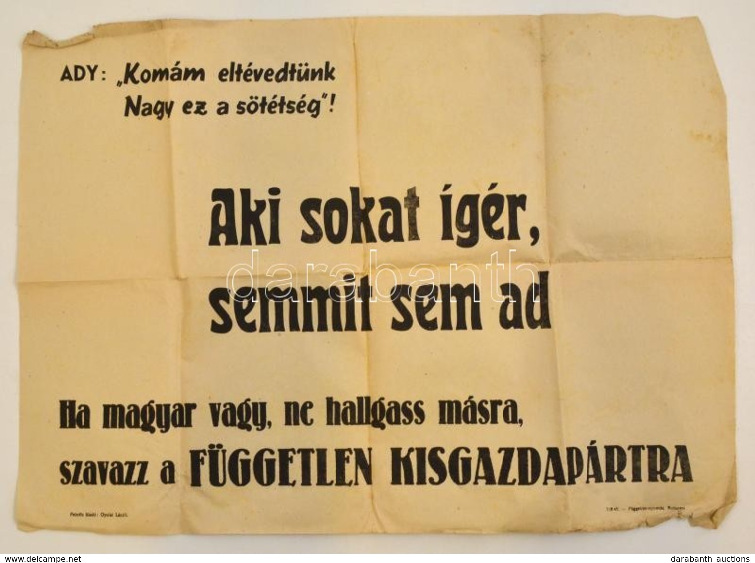 1945 Független Kisgazdapárt Választási Plakát, Hajtott, Szélein Kis Szakadások, 42x58 Cm - Autres & Non Classés
