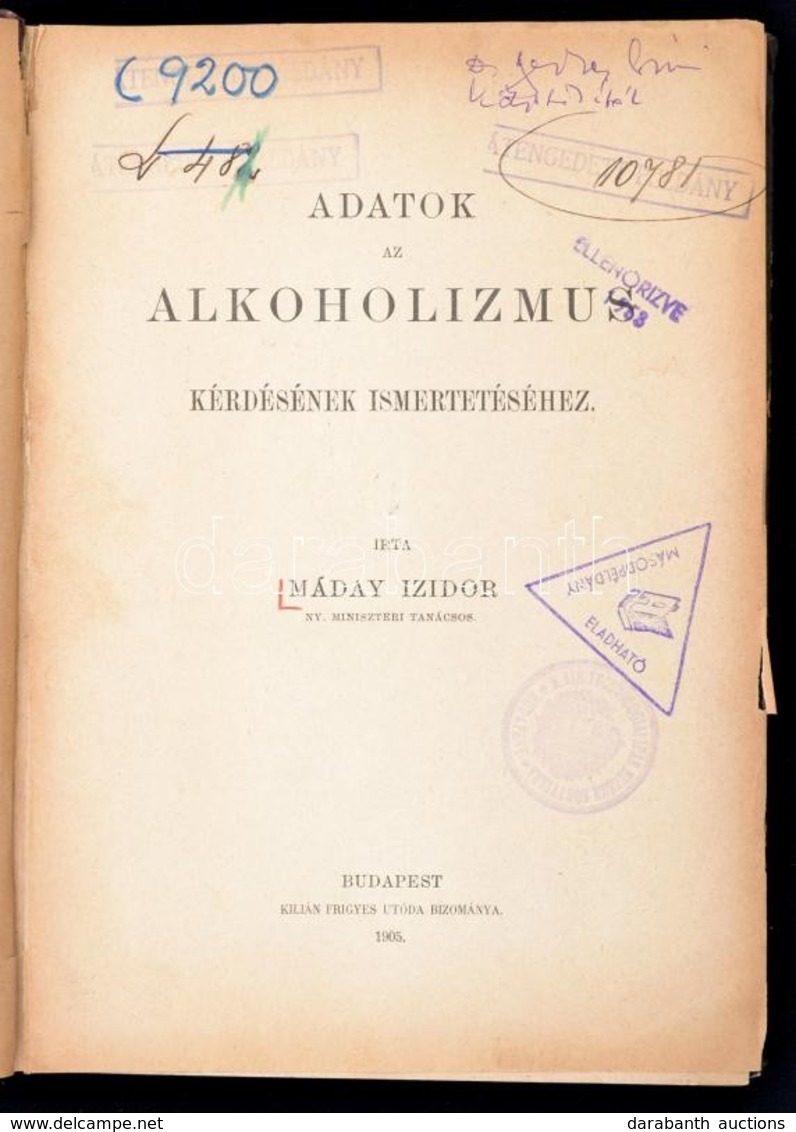 Máday Izidor: Adatok Az Alkoholizmus Kérdésének Ismertetéséhez. Bp., 1905, Kilián Frigyes. Átkötött Félvászon-kötés, Sér - Non Classificati