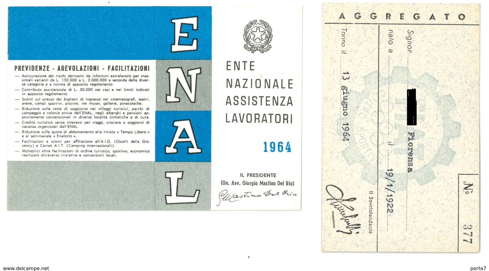 TESSERE ENAL E CENTRO SPORTIVO FIAT 1964 - Documenti Storici