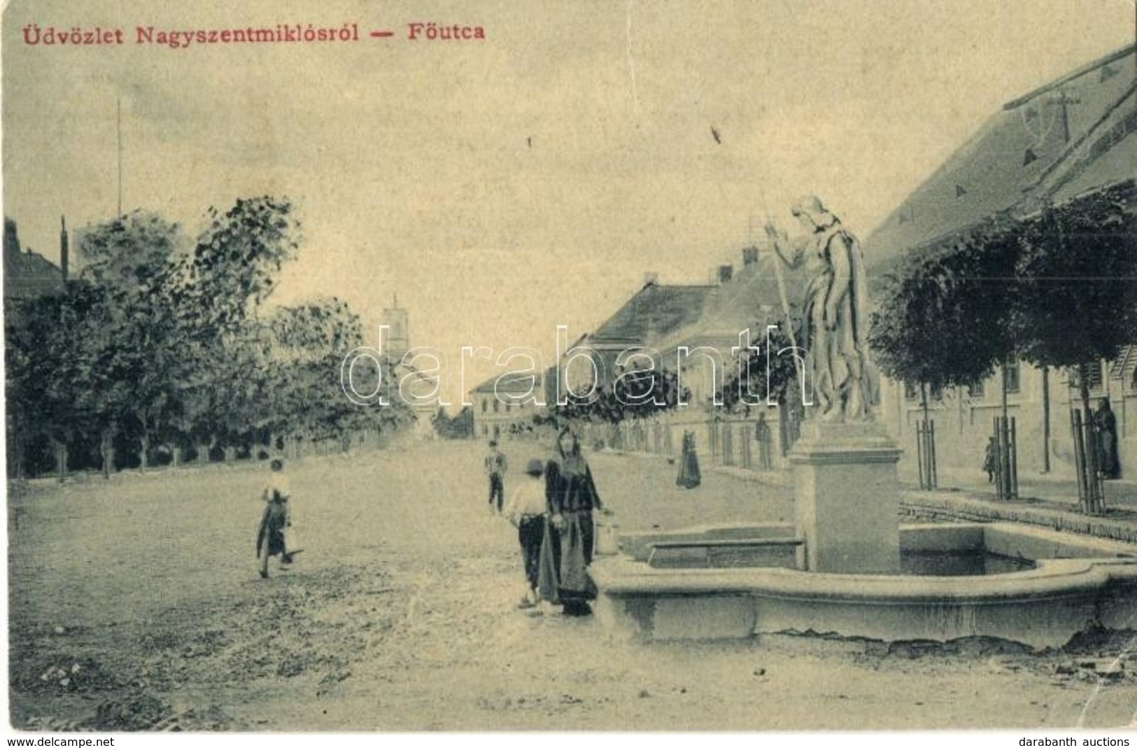 T2/T3 Nagyszentmiklós, Sannicolau Mare; Fő Utca, Szobor. 1286. Jritz Joh. / Main Street With Statue  (EK) - Non Classés