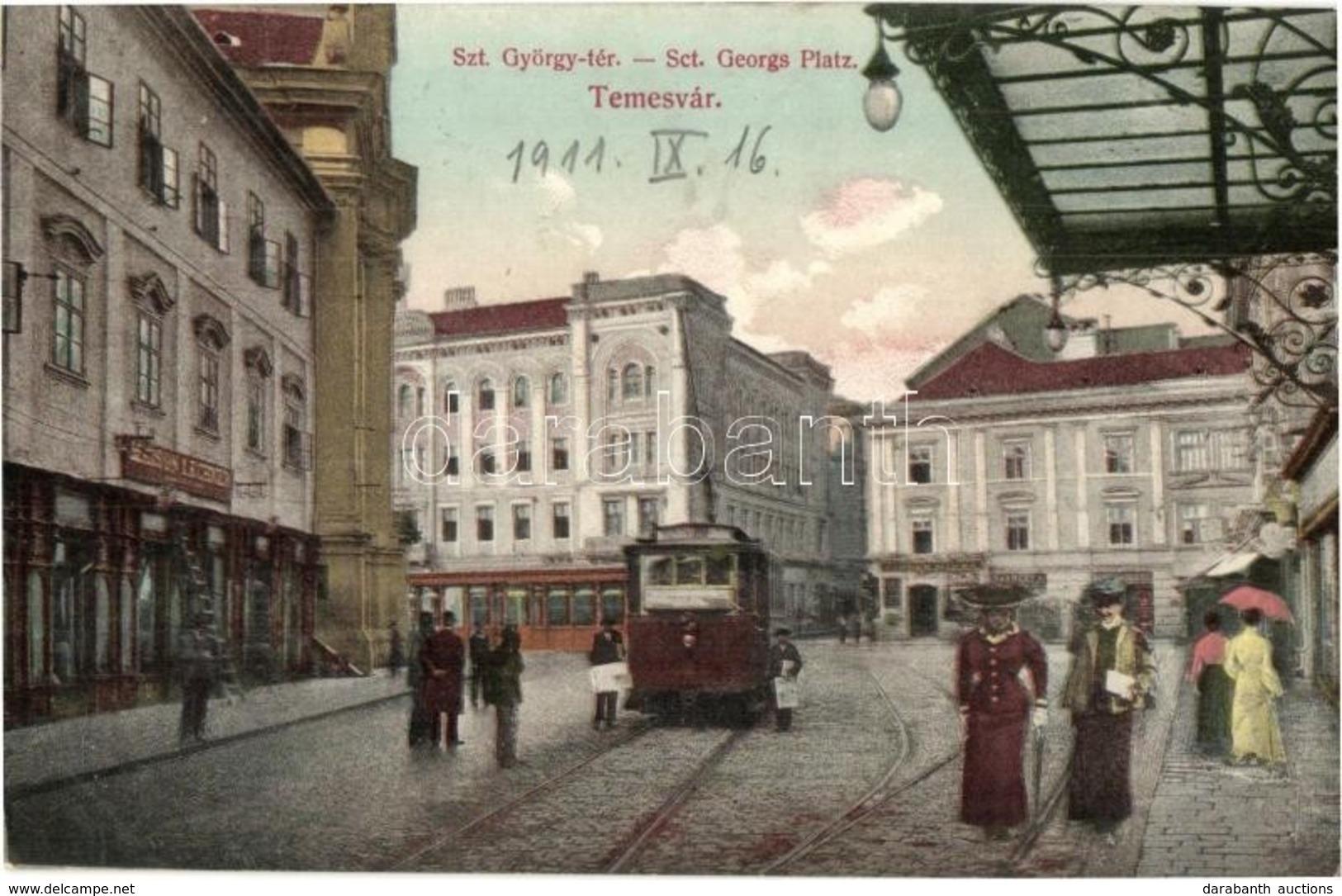 T2/T3 1911 Temesvár, Timisoara; Szent György Tér, Villamos, Farber Miksa, Varneky A. és Maison Lechner üzlete. Moravetz  - Non Classés