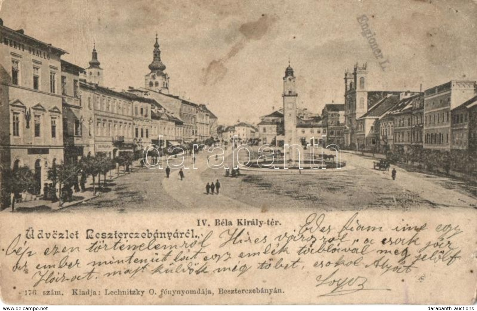 * T3 1904 Besztercebánya, Banská Bystrica; IV. Béla Király Tér, Gyógyszertár, üzletek, Templom. Kiadja Lechnitzky O. 176 - Non Classés