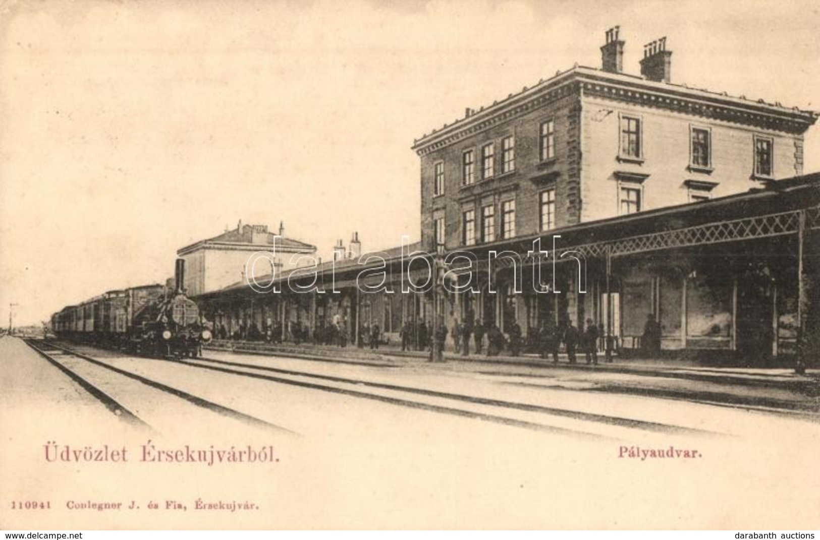 T2/T3 1906 Érsekújvár, Nové Zámky; Pályaudvar, Vasútállomás, Vasutasok, Gőzmozdony. Kiadja Conlegner J. és Fia / Railway - Non Classés