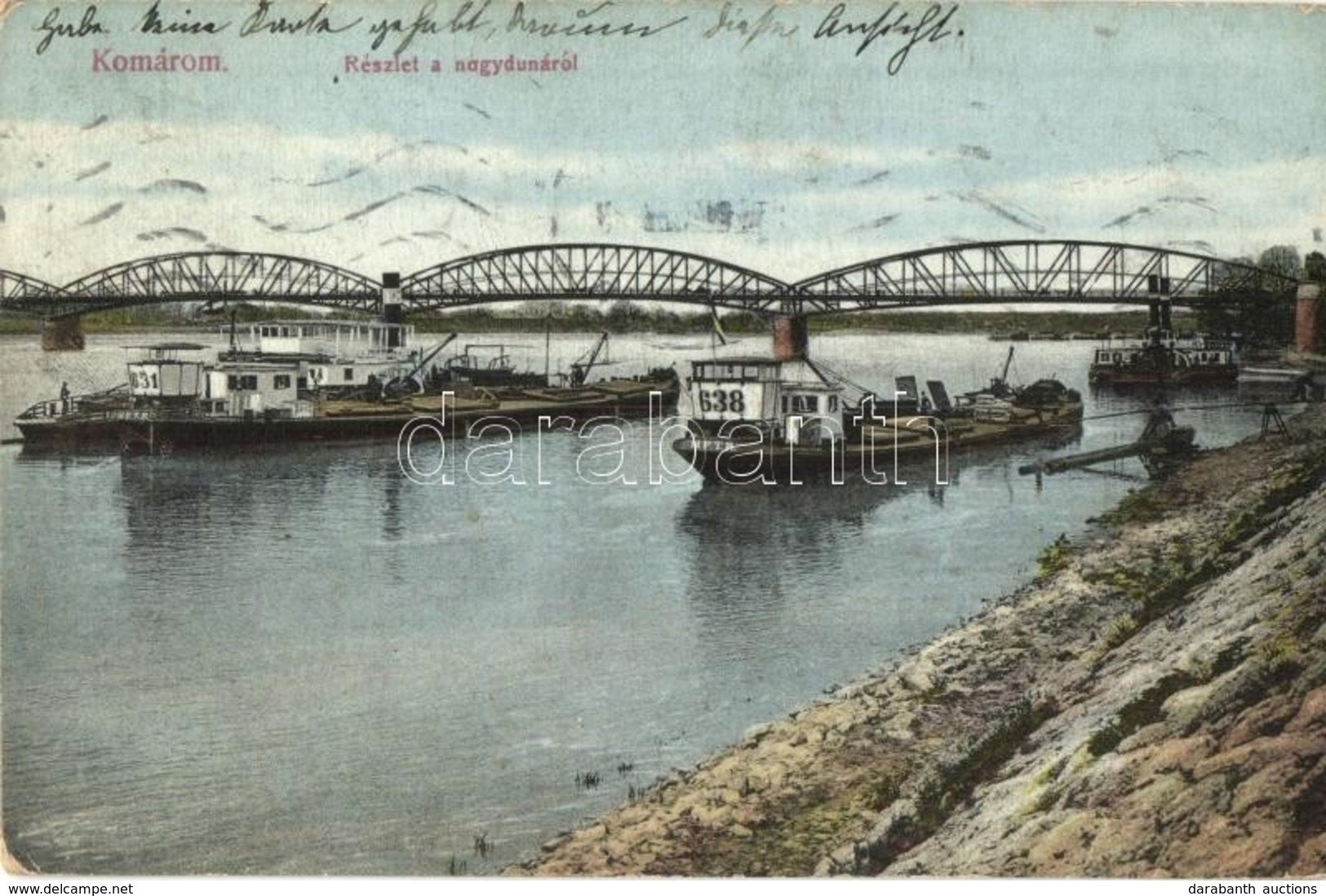 * T2/T3 Komárom, Komárnó; Nagyduna, MFTR 631 és 638 Uszályok / Bridge, Dunaj, Barges (kissé ázott / Slightly Wet Damaged - Sin Clasificación