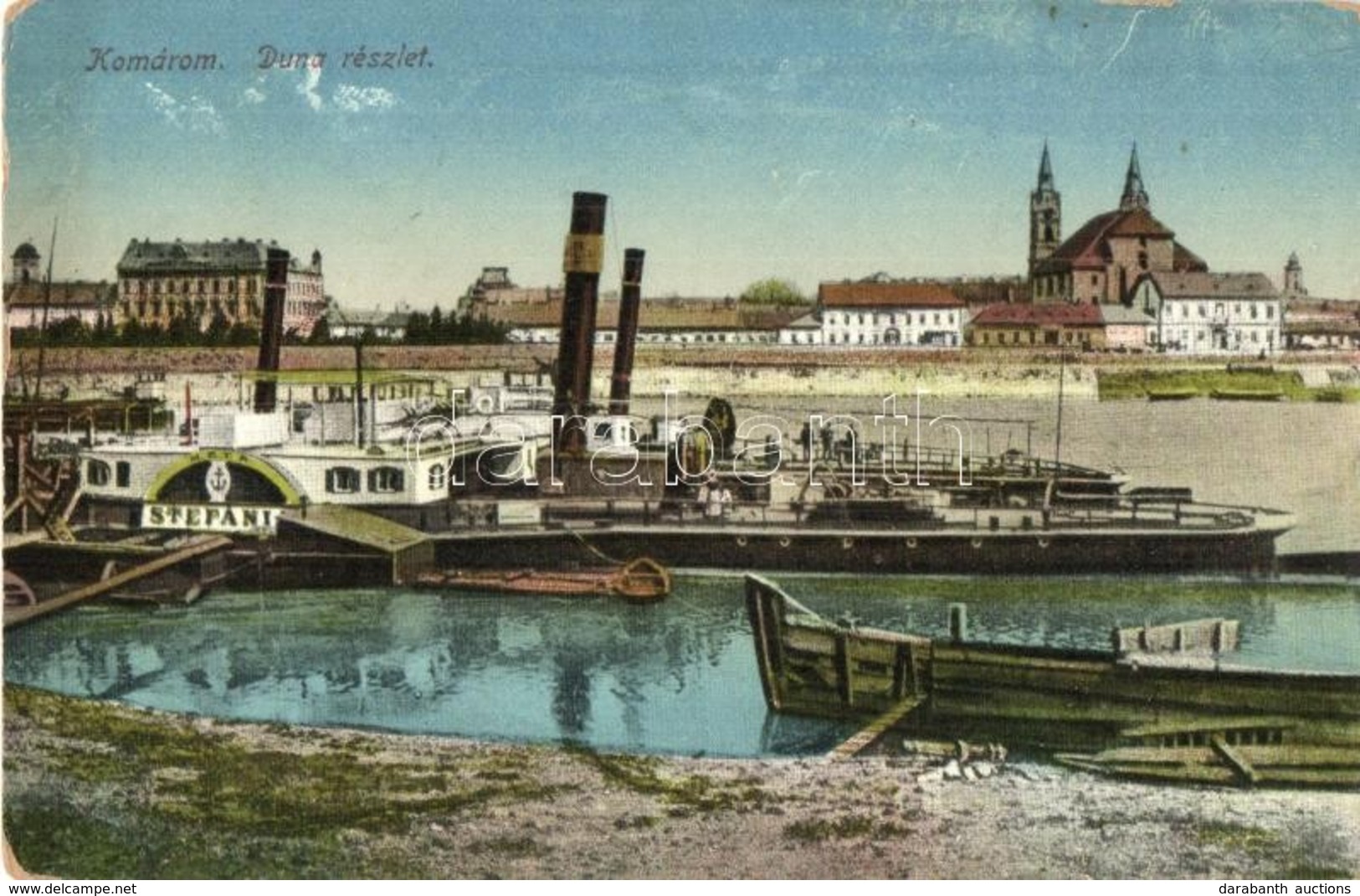 T2/T3 Komárom, Komárnó; Duna, Kikötő, Stefánia Oldalkerekes Vontató Gőzhajó / Port With Hungarian Towing Steamship (apró - Non Classés