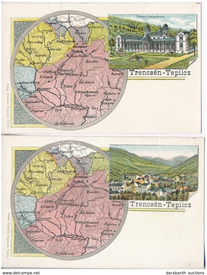 ** Trencsénteplic, Trencianske Teplice; Térkép. Wertheim Zsigmond Kiadása / Map. Art Nouveau, Litho - 2 Db Régi Képeslap - Non Classés