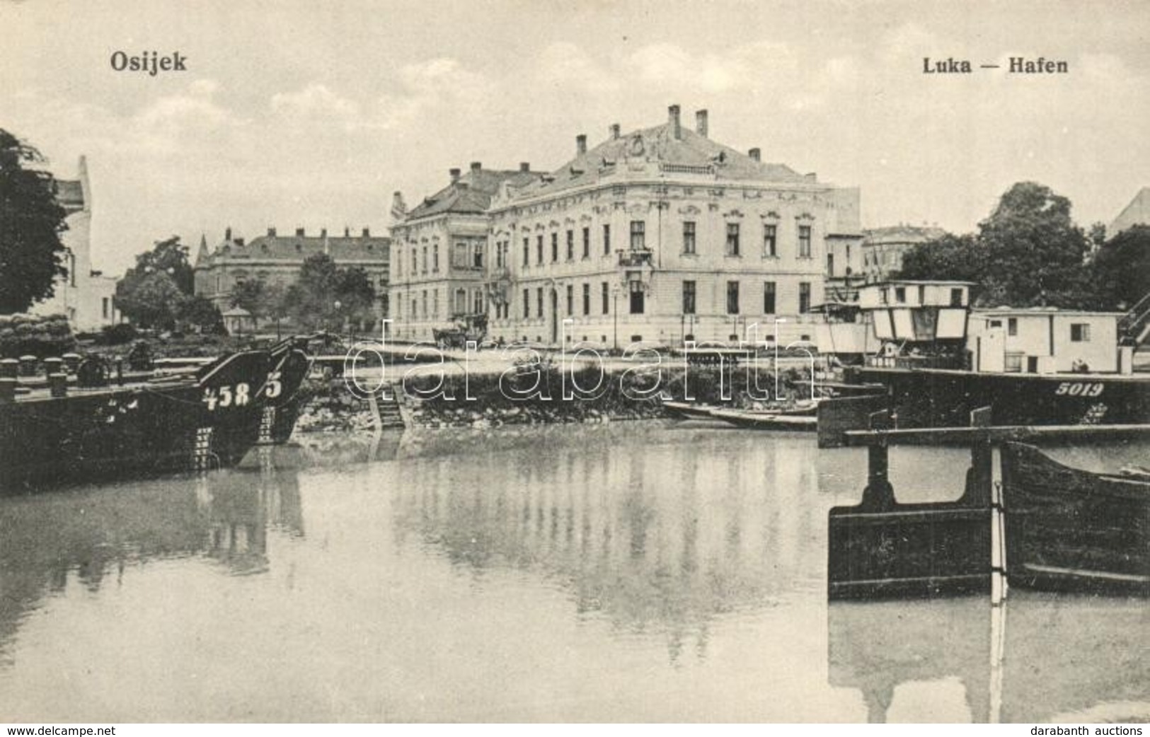 ** T2 Eszék, Esseg, Osijek; Luka / Hafen / Kikötő, DDSG Uszályok. Amalie Eckel Nr. 49. / Harbor, Port, Barges - Non Classés
