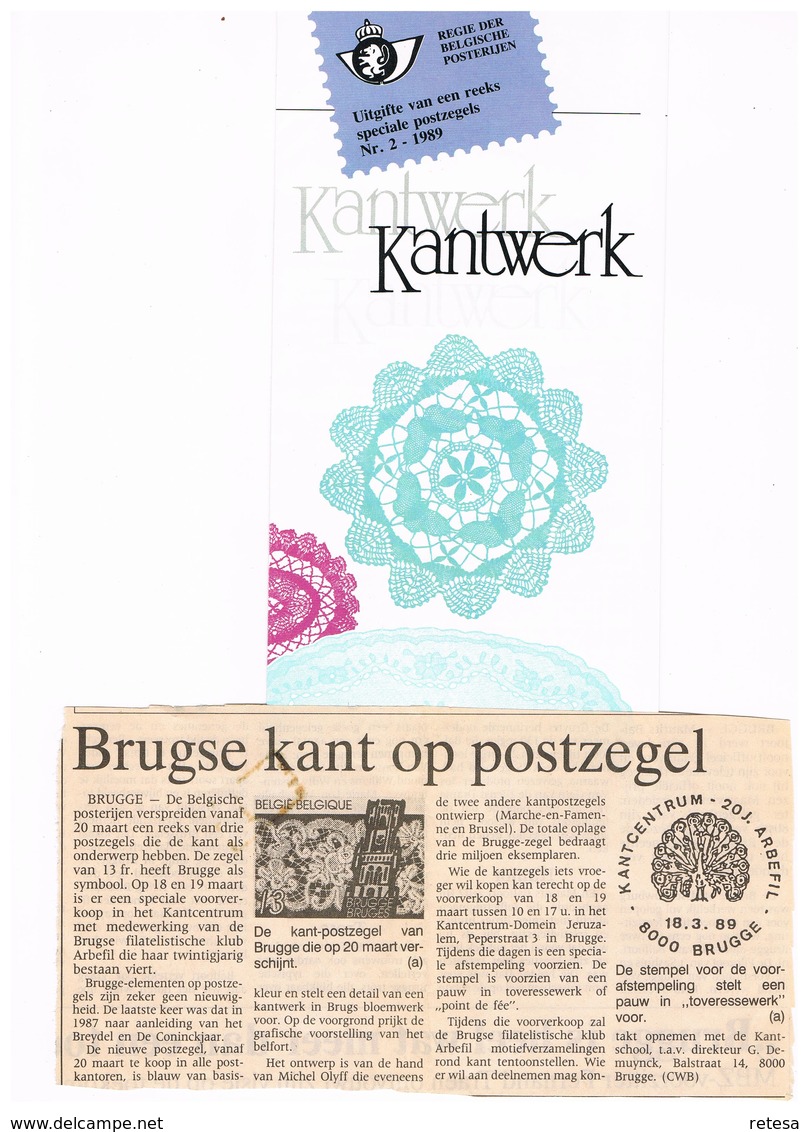 BELGIE  FILATELISTISCH VOUWBLAADJE  FDC'S  BELGISCH  KANTWERK   1989 + KRANTEKNIPSEL 1989 - Variétés/Curios.
