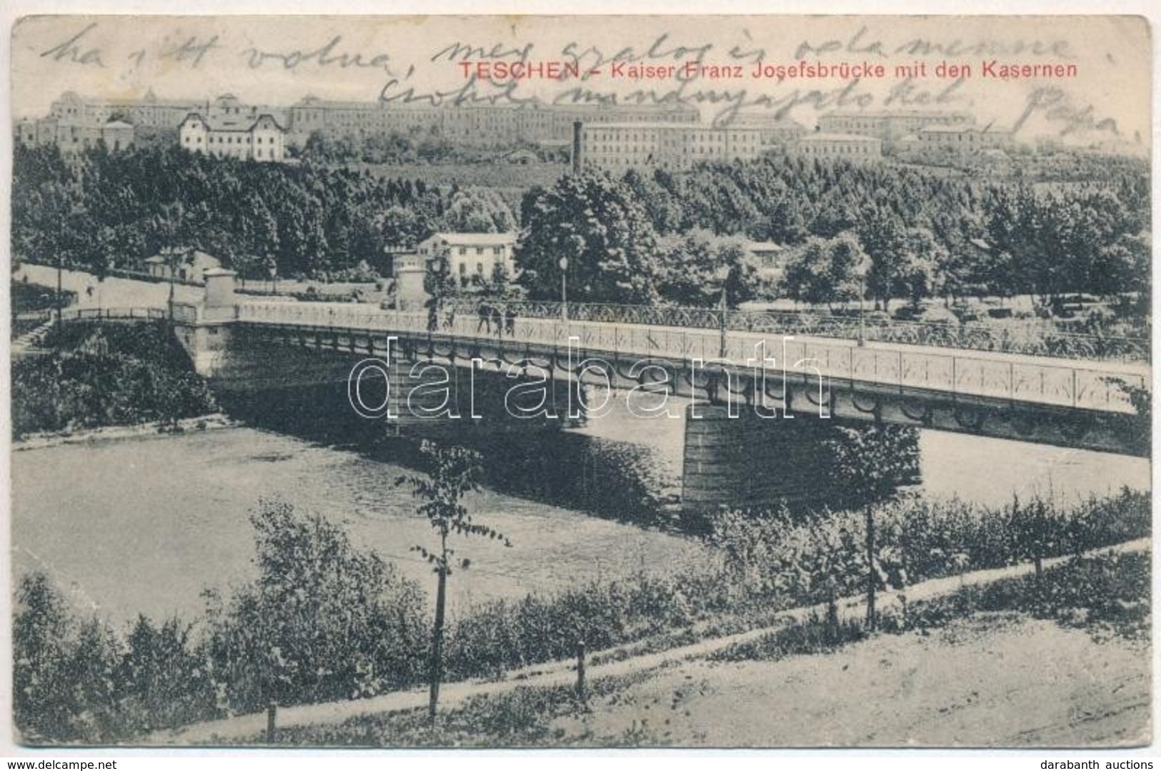 T3 Cieszyn, Teschen; Kaiser Franz Josefsbrücke Mit Den Kasernen / Franz Joseph Bridge, Military Barracks (ázott Sarok /  - Non Classés