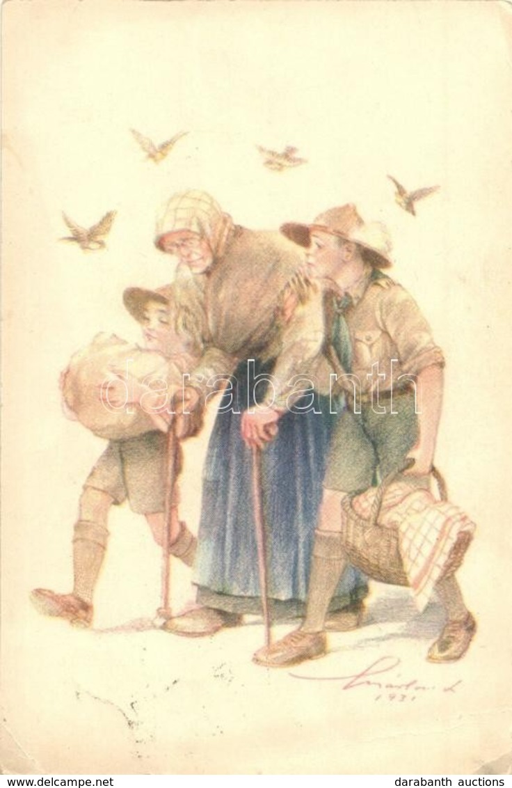 T2/T3 A Cserkész Ahol Tud, Segít. Cserkész Levelezőlapok Kiadóhivatal / Hungarian Scout Boy Art Postcard S: Márton L. (E - Non Classificati