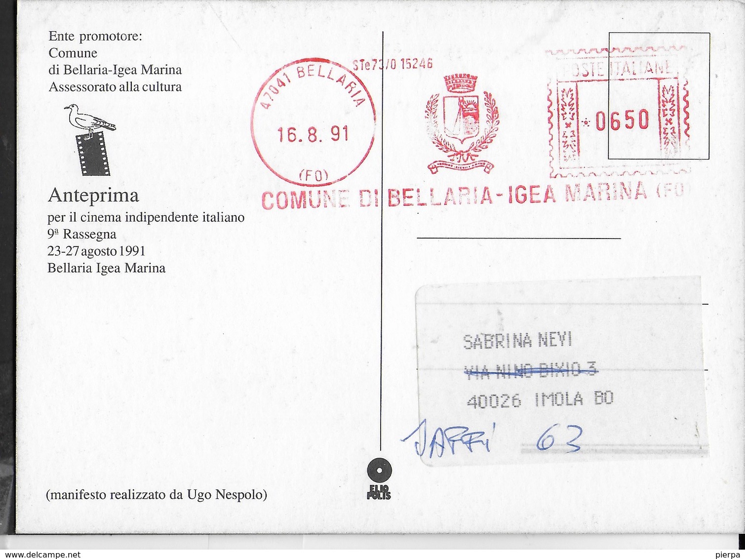 UGO NESPOLO - MANIFESTO PER ANTEPRIMA - 9a RASSEGNA CINEMA INDIPENDENTE - BELLARIA - VIAGGIATA 1991 - Manifesti Su Carta