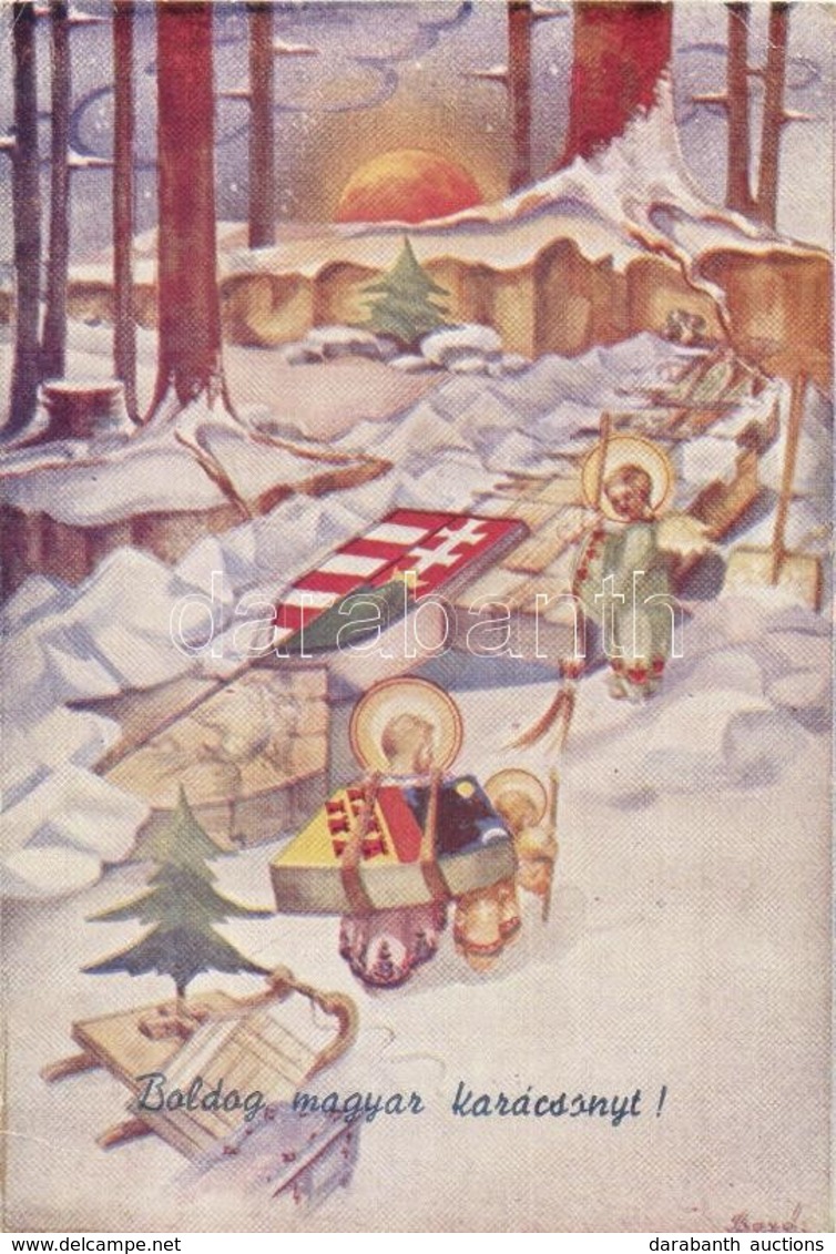 ** T2/T3 Boldog Magyar Karácsonyt! / Hungarian Christmas Irredenta Greeting Art Postcard S: Bozó (EK) - Non Classés