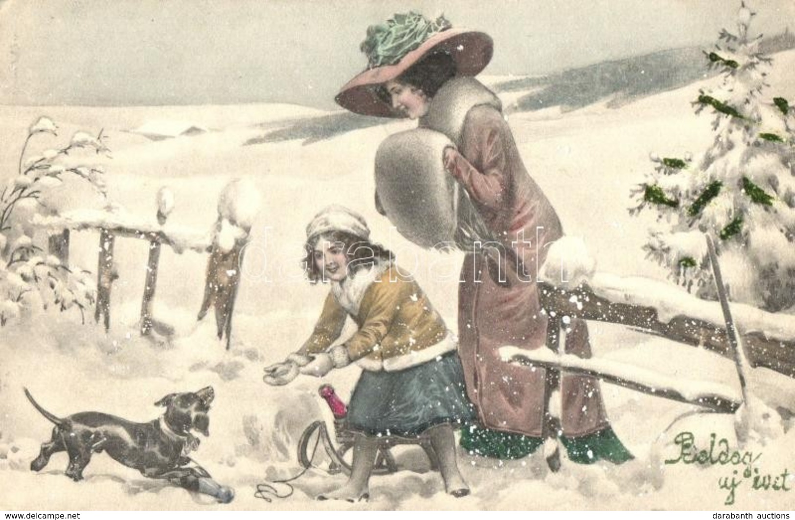 T2 Boldog új évet! / New Year Greeting Art Postcard With Ladies And Dachshund. V. K. Vienne 5253. - Non Classés