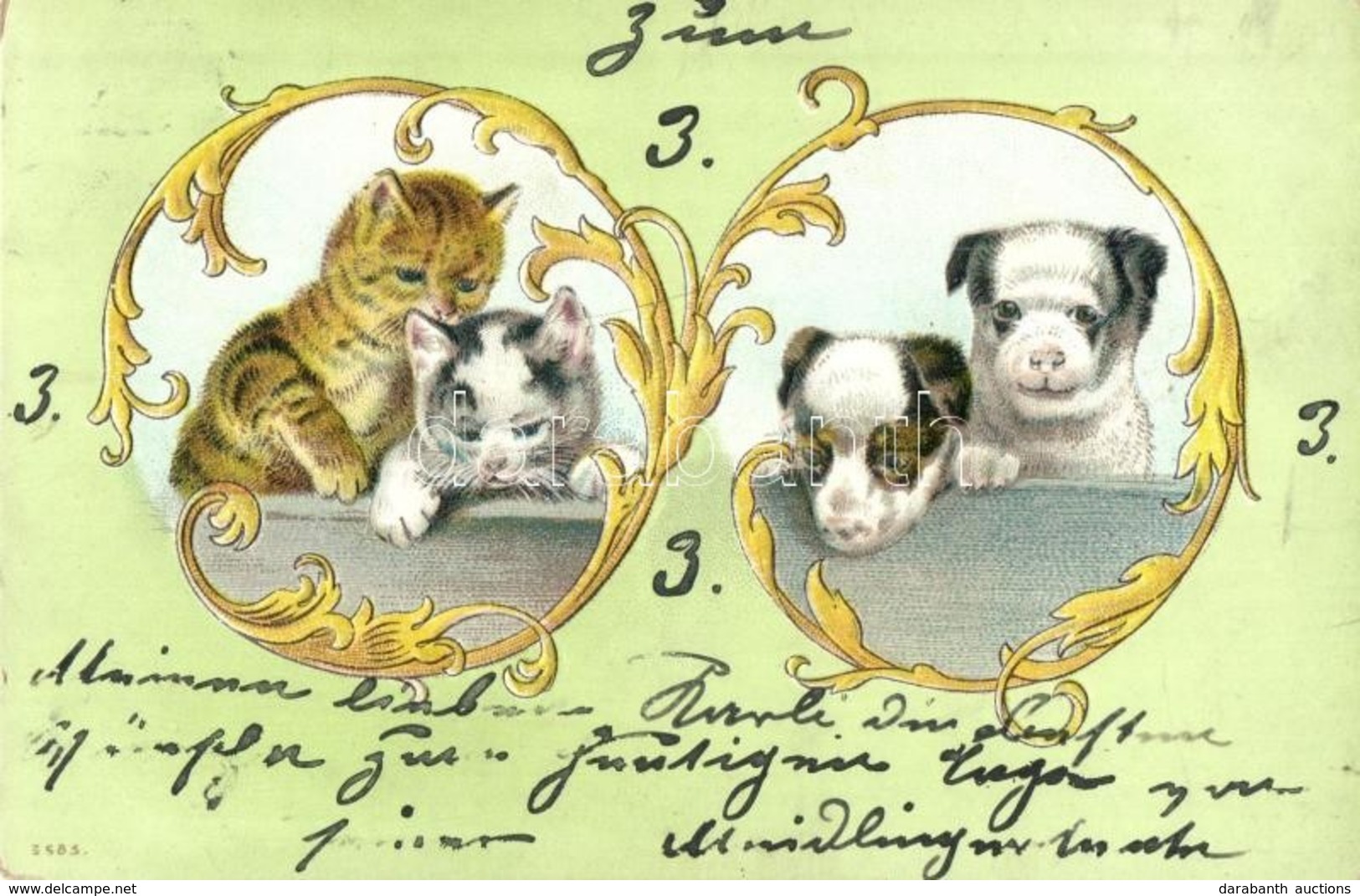 T2 1902 Two Cats And Two Dogs. 3583. Art Nouveau, Emb. Litho - Non Classés