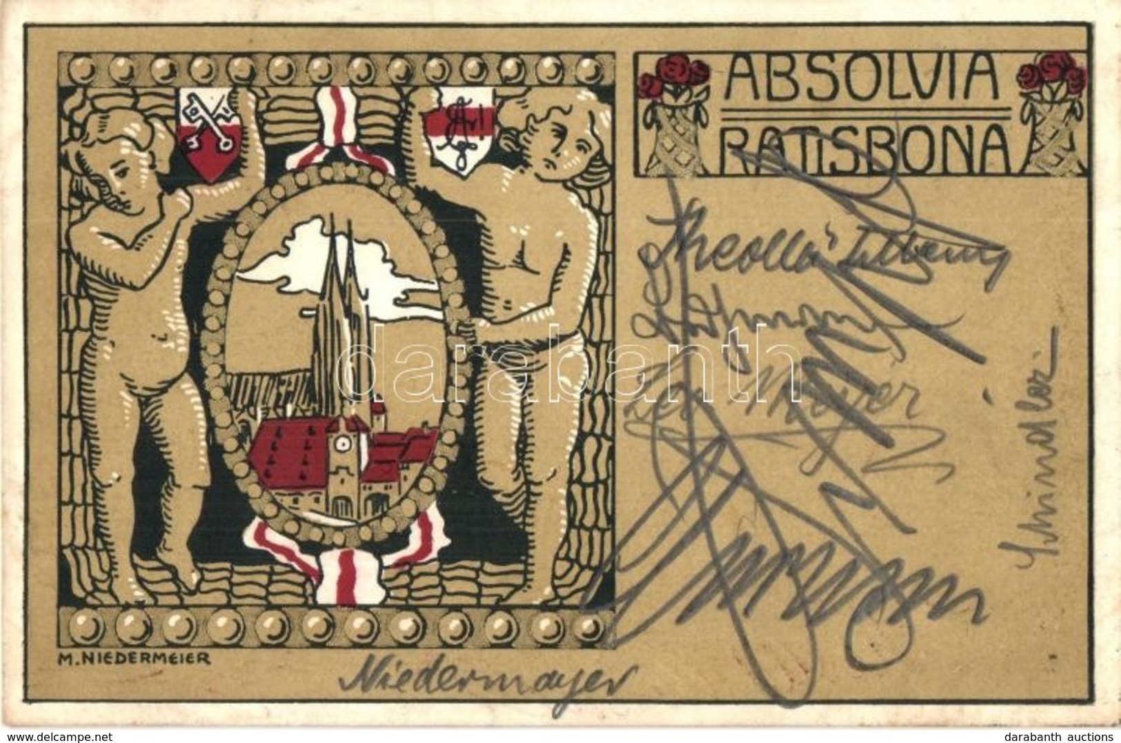 T2/T3 Absolvia Ratisbona / Regensburg Grammar School Art Postcard With Signatures Of Students And The Artist, Coat Of Ar - Non Classés