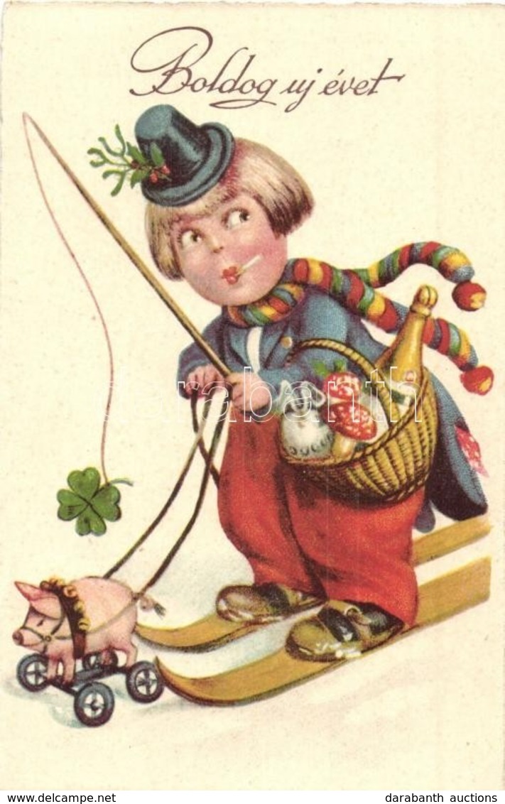 ** T2 Boldog Újévet! / New Year Greeting Card, Skiing Girl With Pig, Clover - Non Classificati