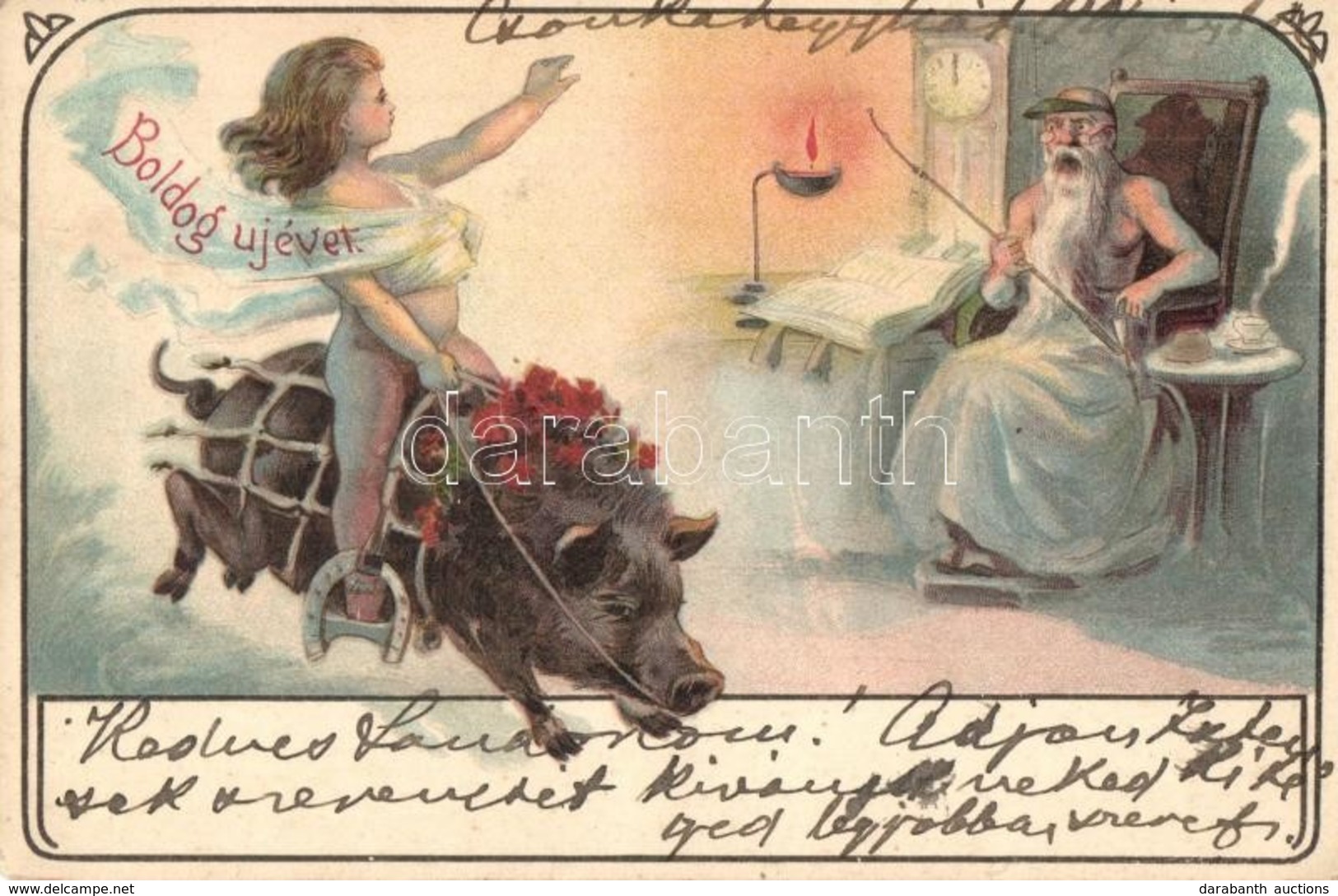 T2 1900 Boldog Új évet! / New Year Greeting Art Postcard, Angel On Wild Boar.  Humour Litho - Non Classés