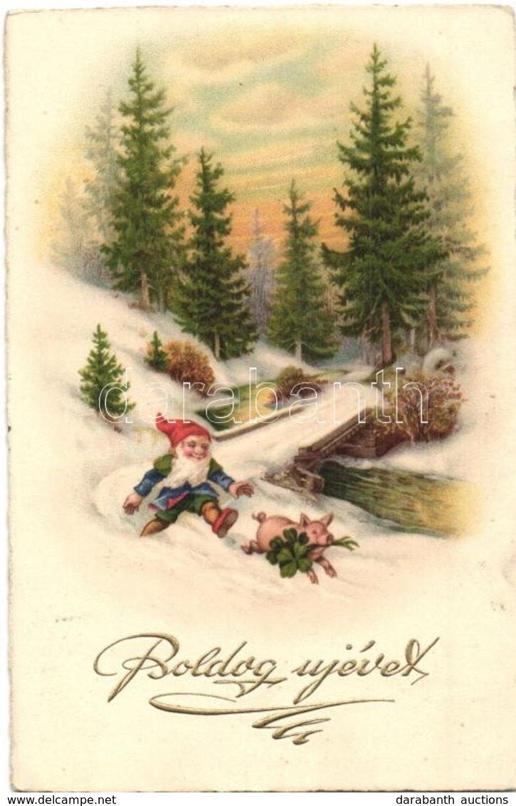 T2 Boldog újévet! / New Year Greeting Art Postcard, Dwarf, Pig, Litho - Non Classés