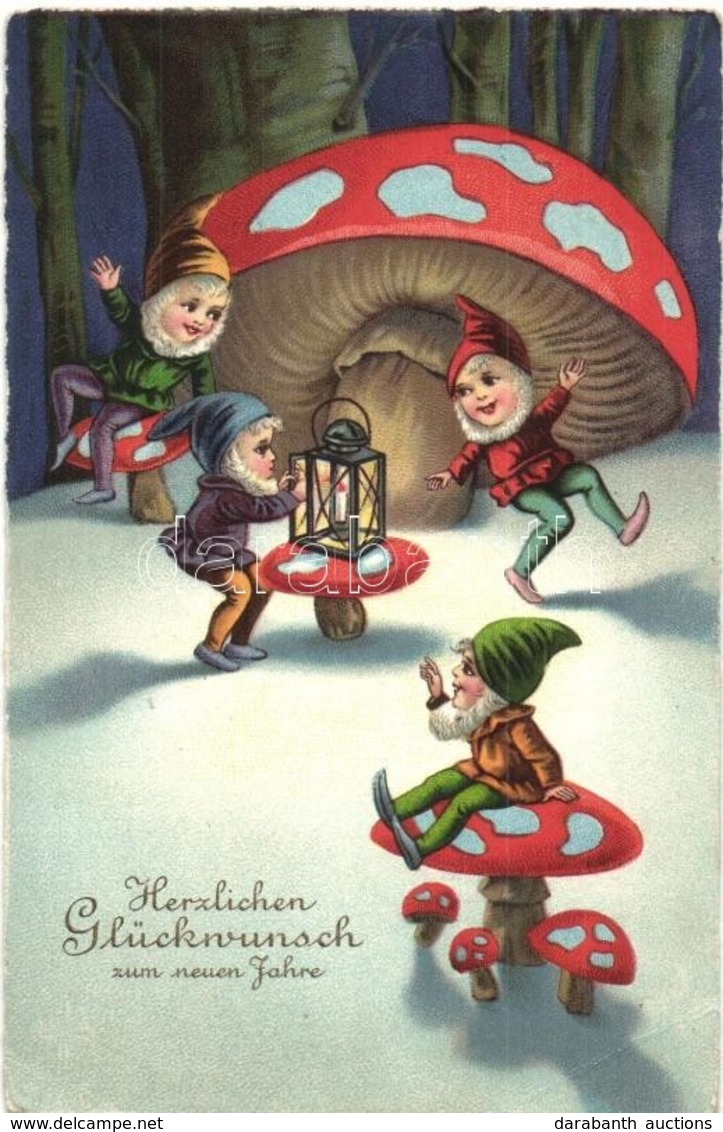 T3 Herzlichen Glückwunsch Zum Neuen Jahre / New Year Greeting Card, Dwarf, Mushroom, Litho (EK) - Non Classificati