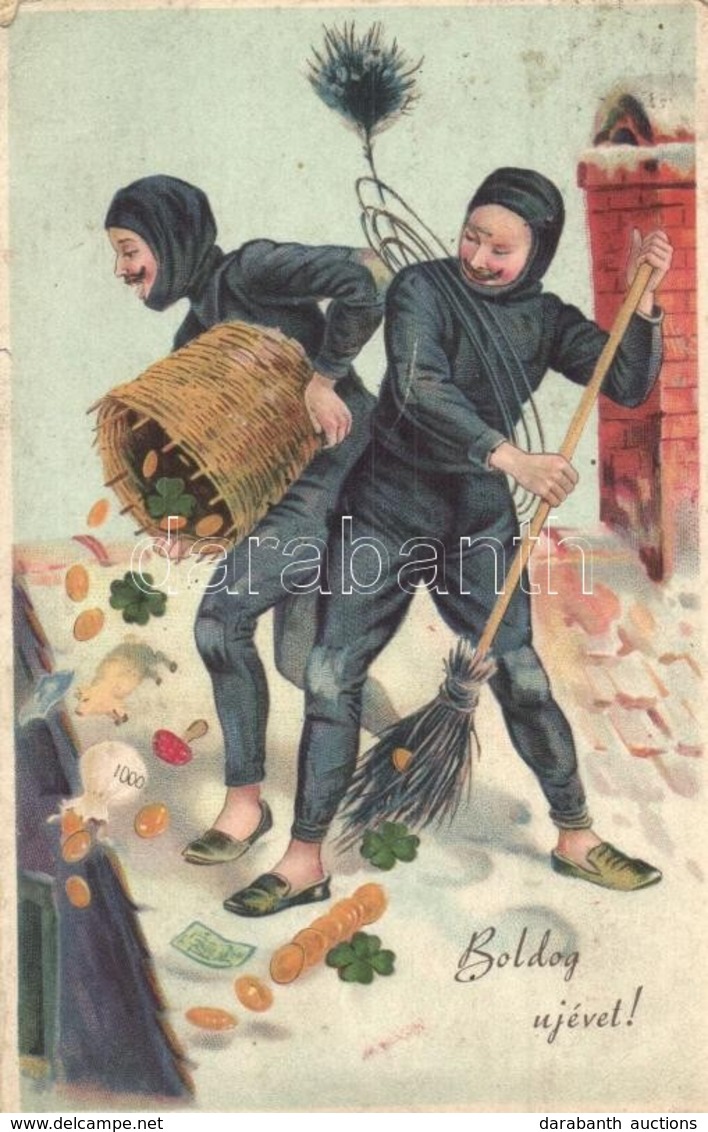 T2/T3 Boldog Újévet! / New Year Greeting Card. Chimney Sweepers On The Roof. 2275. Litho (kis Szakadás / Small Tear) - Non Classificati