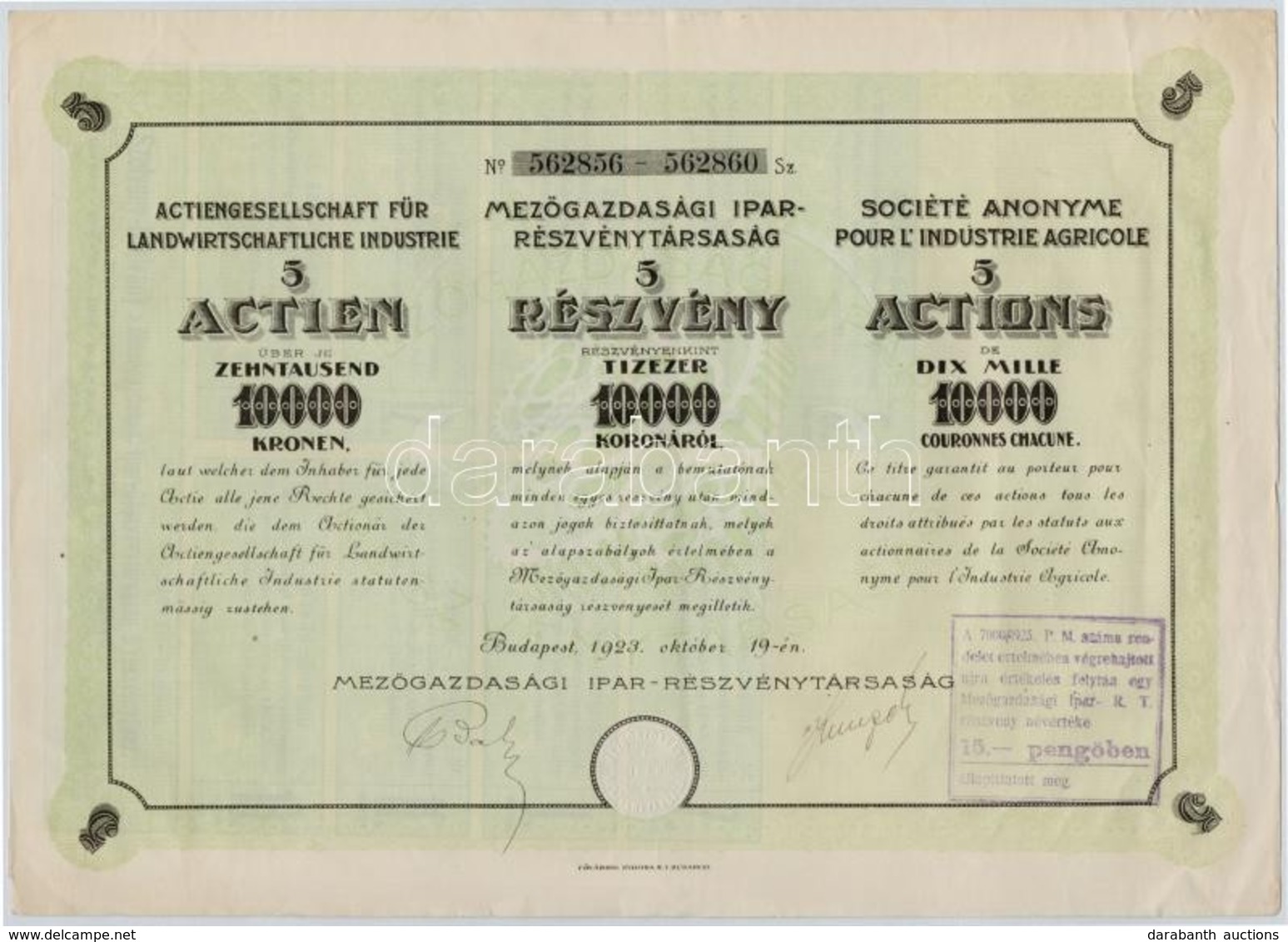 Budapest 1923. 'Mezőgazdasági Ipar-részvénytársaság ' öt Darab Részvénye Egyenként 10.000K-ról, Három Nyelvű, Szárazpecs - Non Classificati