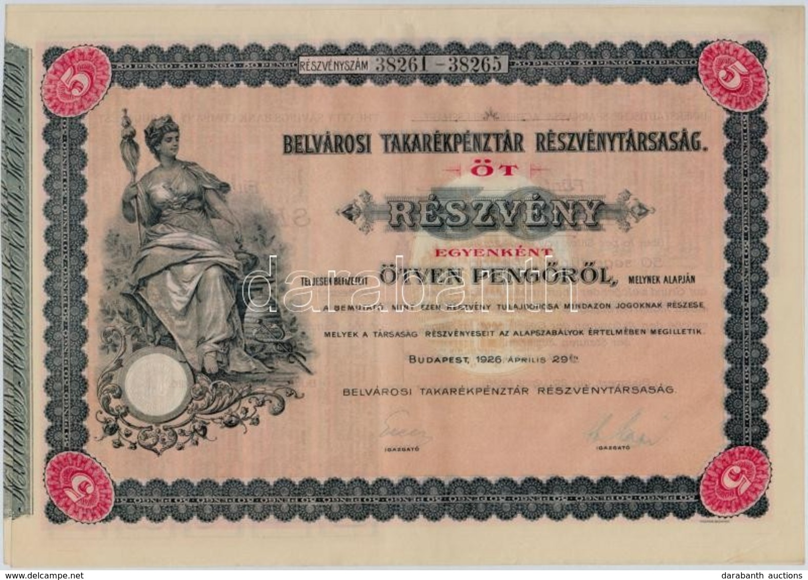 Budapest 1926. 'Belvárosi Takarékpénztár Részvénytársaság' öt Részvénye Egyben 250P-ről (2x), Sorszámkövetők, Szárazpecs - Non Classés