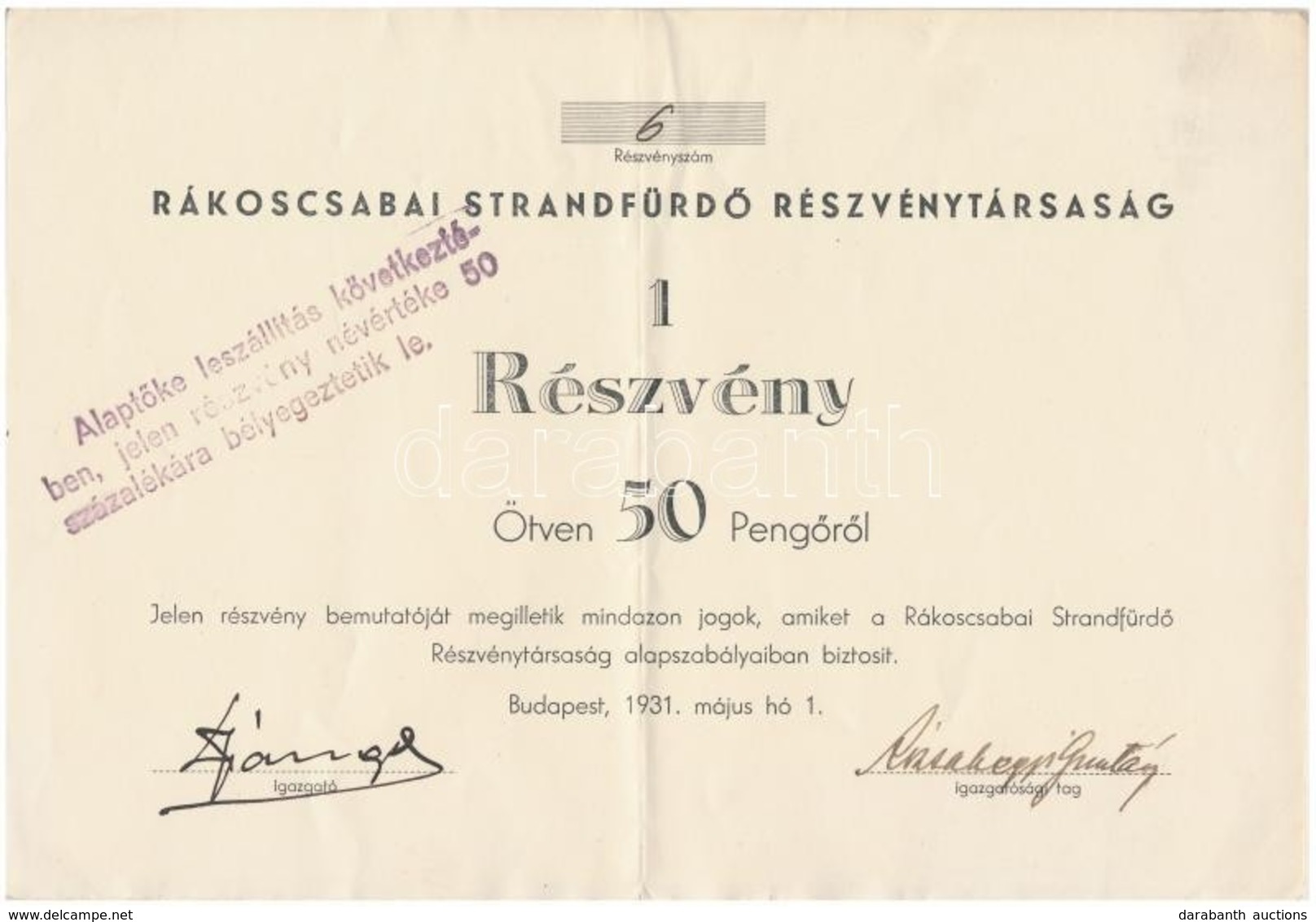 Budapest 1931. 'Rákoscsabai Strandfürdő Részvénytársaság' Részvény 50P-ről T:II - Non Classés