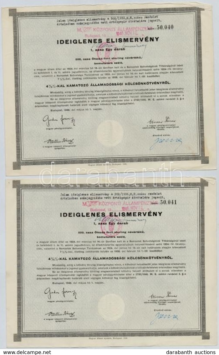 Budapest 1946. '4 1/2%-kal Kamatozó Államadóssági Kölcsönkötvény' Bemutatóra Szóló Ideiglenes Elismervénye 500 Font Ster - Non Classés