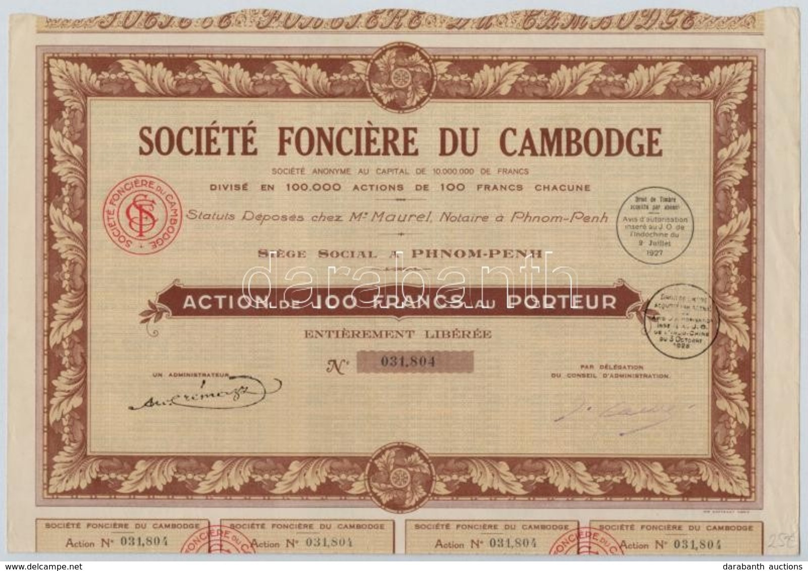 Francia Indokína / Kambodzsa / Phnom-Penh ~1920-1930. 'Société Fonciere De Cambodge' Részvény 100Fr-ról, Bélyegzésekkel  - Non Classés