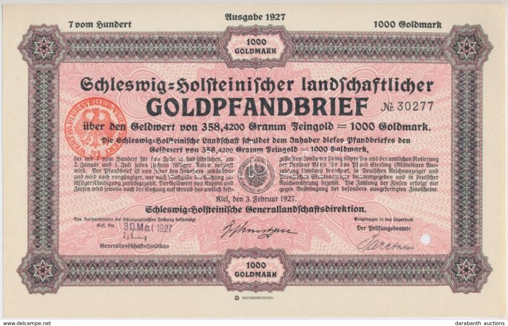 Németország / Weimari Köztársaság / Kiel 1927. 'Schleswig-Holsteinischer Landschaftlicher Goldpfandbrief' Arany Kötvény  - Non Classificati
