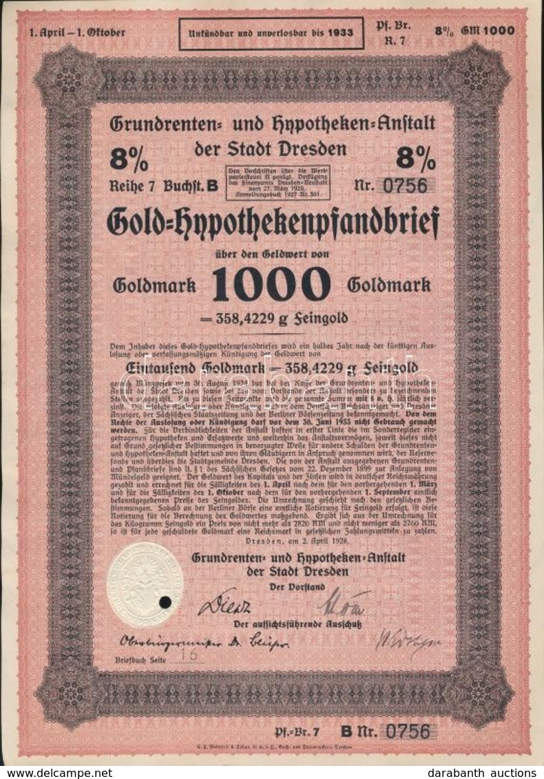 Németország / Weimari Köztársaság / Drezda 1928. 'Grundrenten Und Hypotheken-Anhalt Der Stadt Drezden' Arany Jelzálog Kö - Non Classés