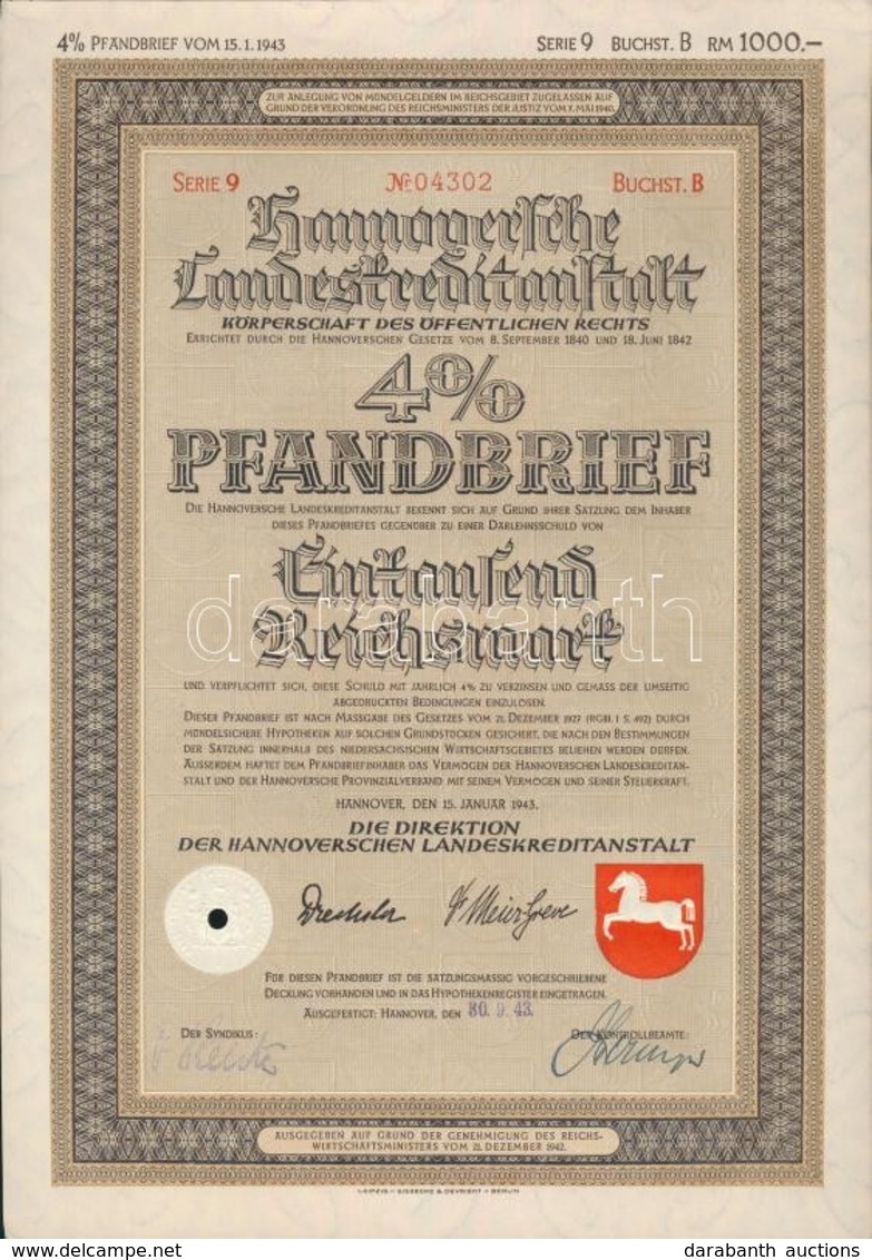 Német Harmadik Birodalom / Hannover 1943. 'Hannoversche Landeskreditanschtalt' 4%-os Kötvény 1000M-ról, Szárazbélyegzőve - Non Classés