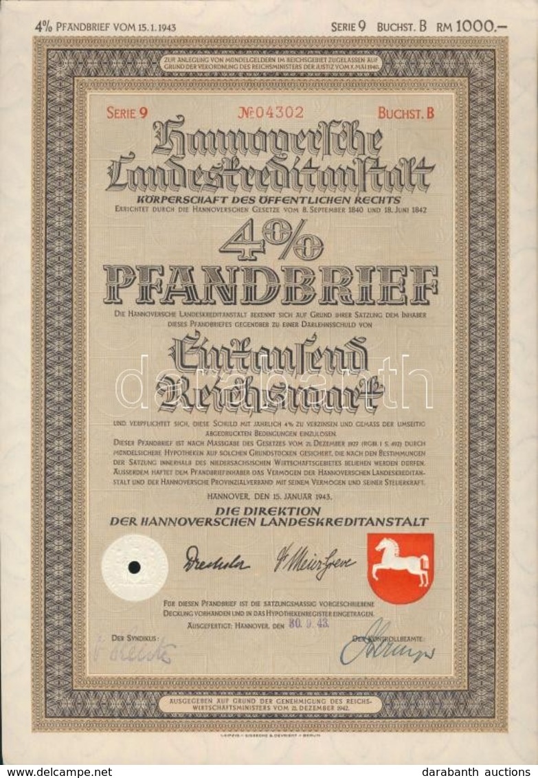 Német Harmadik Birodalom / Hannover 1943. 'Hannoversche Landeskreditanschtalt' 4%-os Kötvény 1000M-ról, Szárazbélyegzőve - Non Classificati