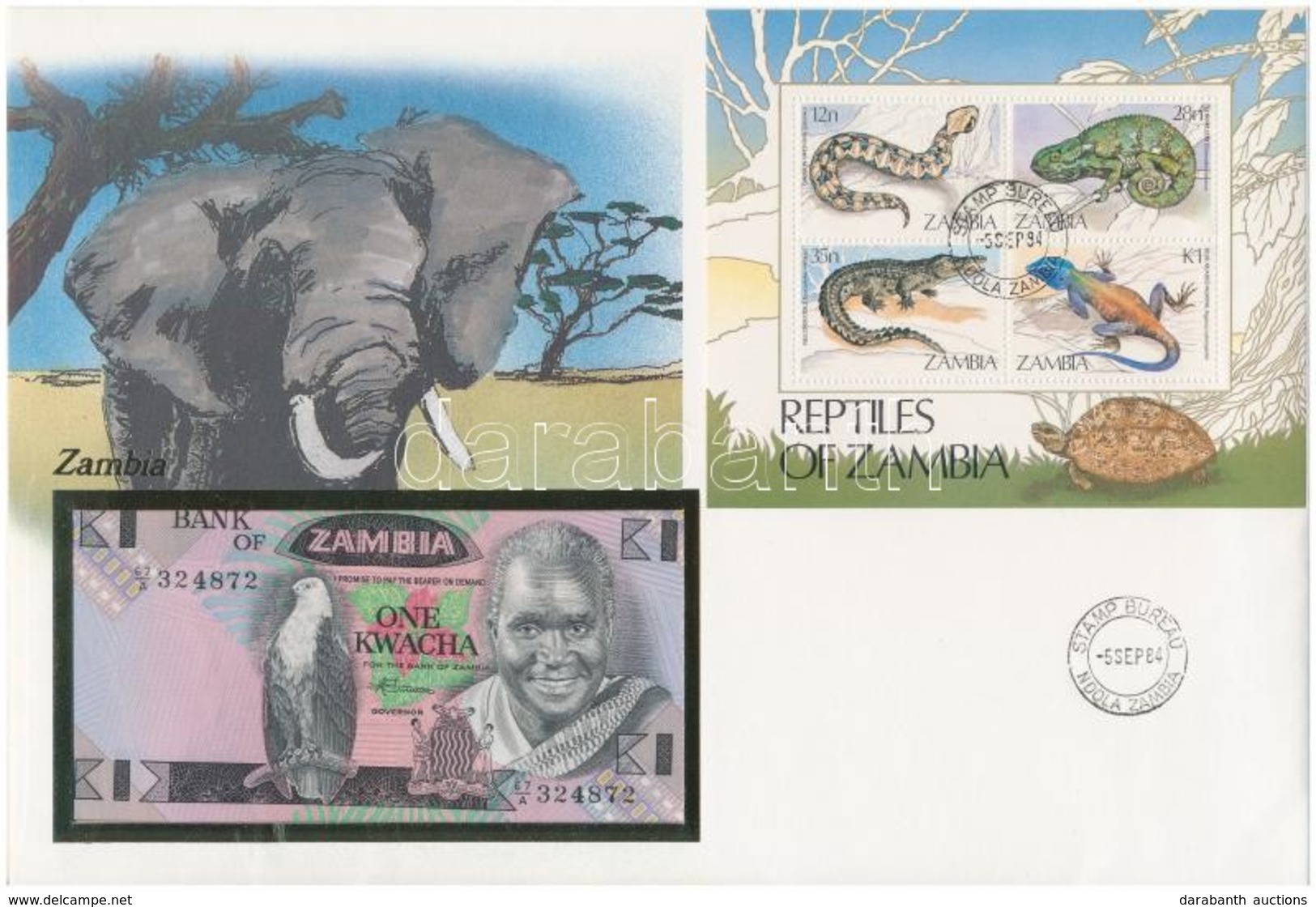 Zambia 1980-1988. 1K Borítékban, Alkalmi Bélyegzésekkel T:I 
Zambia 1980-1988. 1 Kwacha In Envelope With Stamps C:UNC - Non Classés
