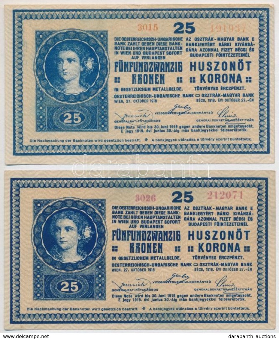1918. 25K (2xklf) Eltérő Színű Sorszám és Alapnyomat árnyalat, Mindkettő Hullámos Hátlappal T:III Szép Papír - Non Classés