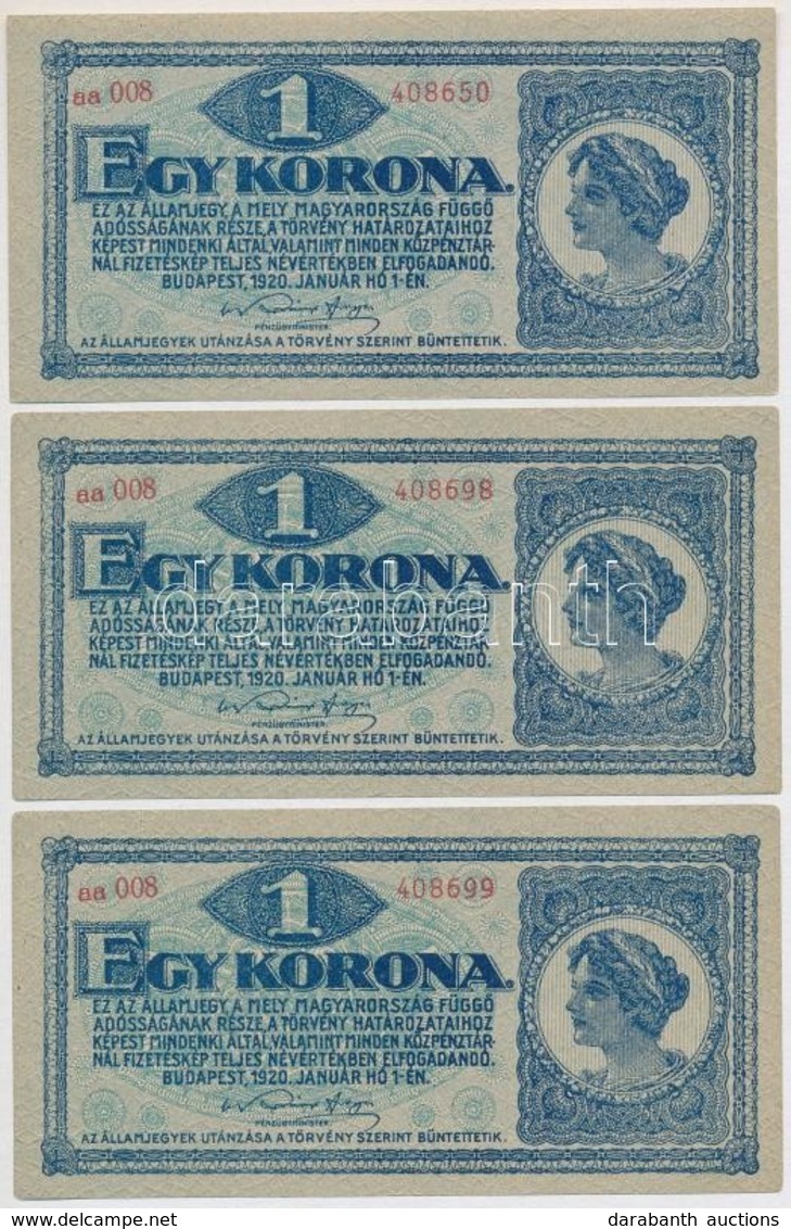 1920. 1K (3x) Mind 'aa008' Sorozat, Benne Sorszámkövető Pár T:I,I- - Non Classés