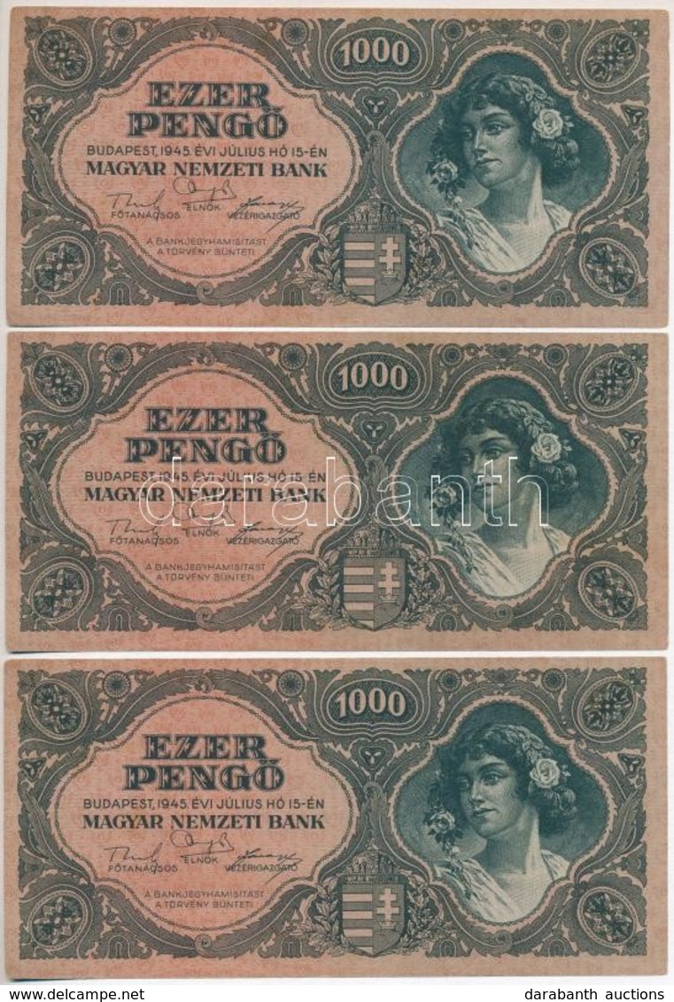 1945. 1000P (3x) Közeli Sorszámok T:I,I- - Non Classés