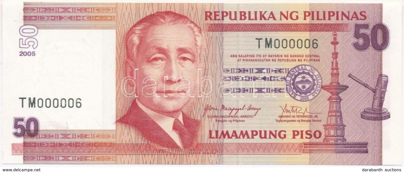 Fülöp-szigetek 2005. 50P Alacsony Sorszám! '000006' T:I
Philippines 2005. 50 Piso Low Serial Number! '000006' C:UNC - Non Classificati