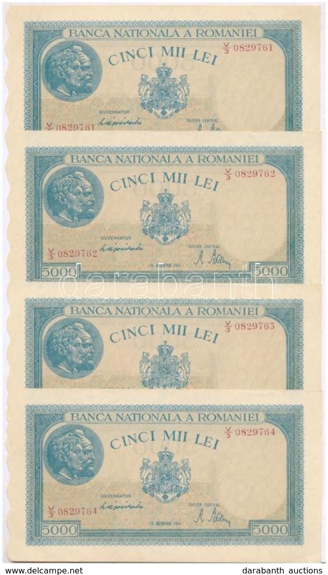 Románia 1944. 5000L (4x) Sorszámkövetők 'V/3 0829761 - V/3 0829764' T:I- 
Romania 1944. 5000 Lei (4x) Sequential Serials - Non Classés