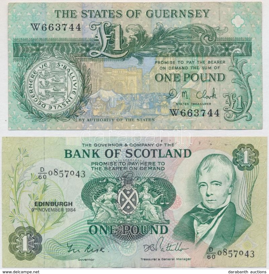 Skócia 1984. 1Ł + Guernsey 1992- 1Ł 'D. M. Clarke' Aláírásával T:III
Scotland 1984. 1 Pound + Guernsey 1992- With 'D. M. - Non Classés