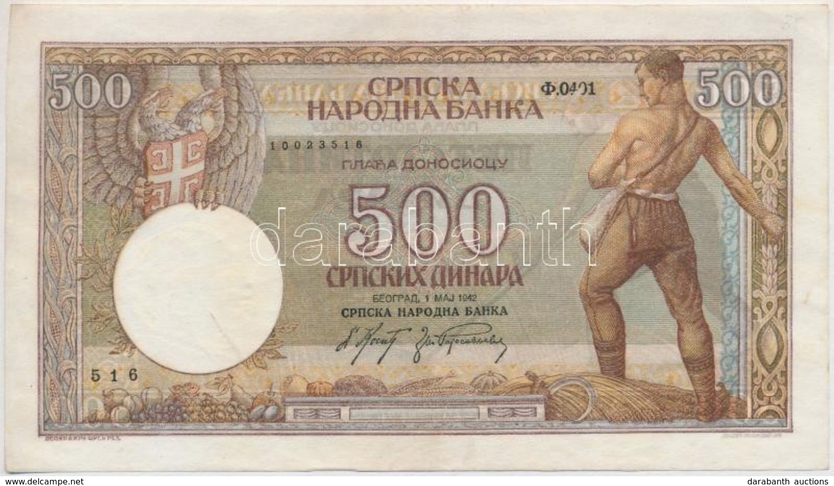 Szerbia / Német Megszállás 1942. 500D T:II-,III Szép Papír Serbia / German Occupation 1942. 500 Dinara C:VF,F Nice Paper - Unclassified