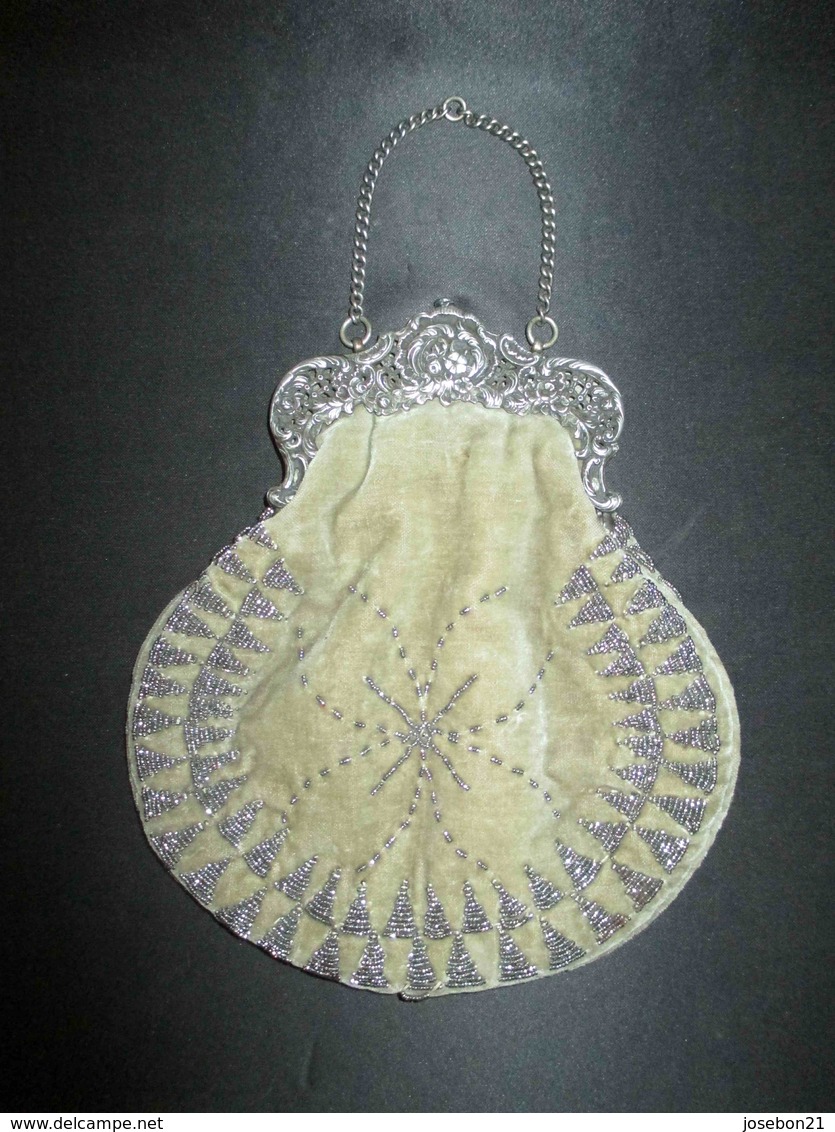 Ancienne Grande Bourse Aumônière Petit Sac Argent Velours Napoléon III XIX ème - Ante 1900