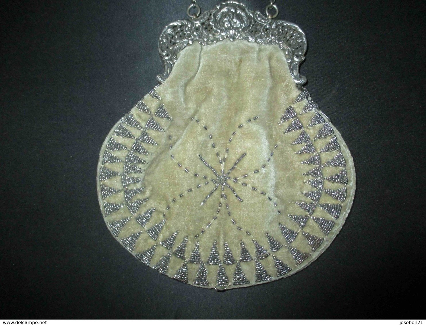 Ancienne Grande Bourse Aumônière Petit Sac Argent Velours Napoléon III XIX ème - Antes De 1900