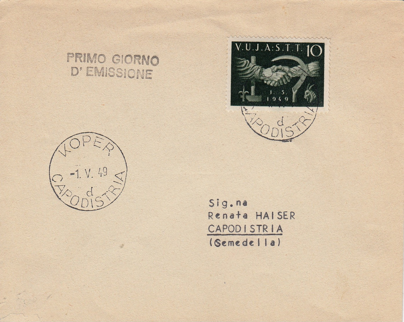 Trieste Zone B VUJA 1949 Stamp "1st Of May", On FDC - Poststempel