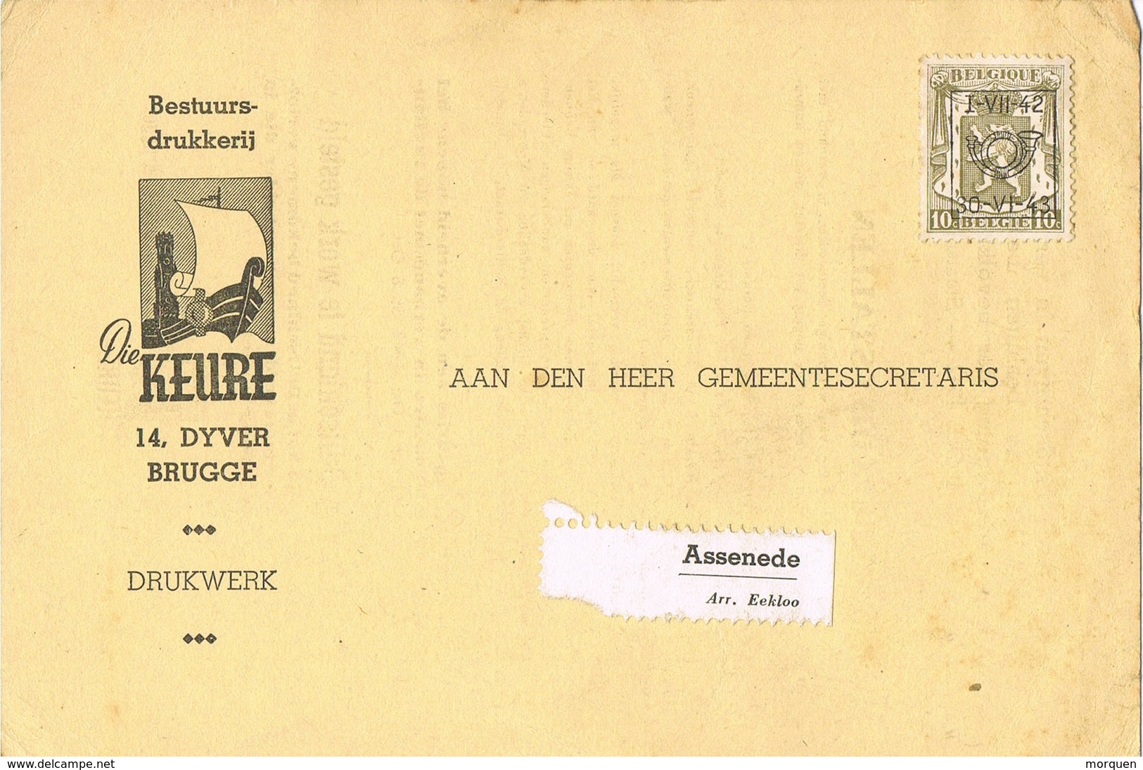 30658. Tarjeta Privada Preobliterado  BRUGGE (Belgien) 1942. Roulotte. Die KEURE Motor - Roulettes 1900-09