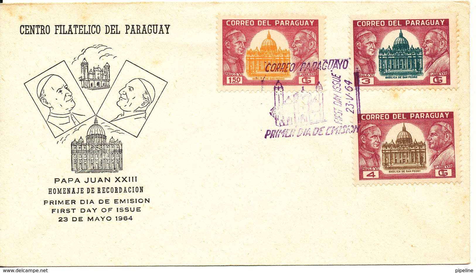 Paraguay FDC Paul VI Visit To Paraguay 23-5-1964 Complete Set Of 3 With Cachet - Paraguay