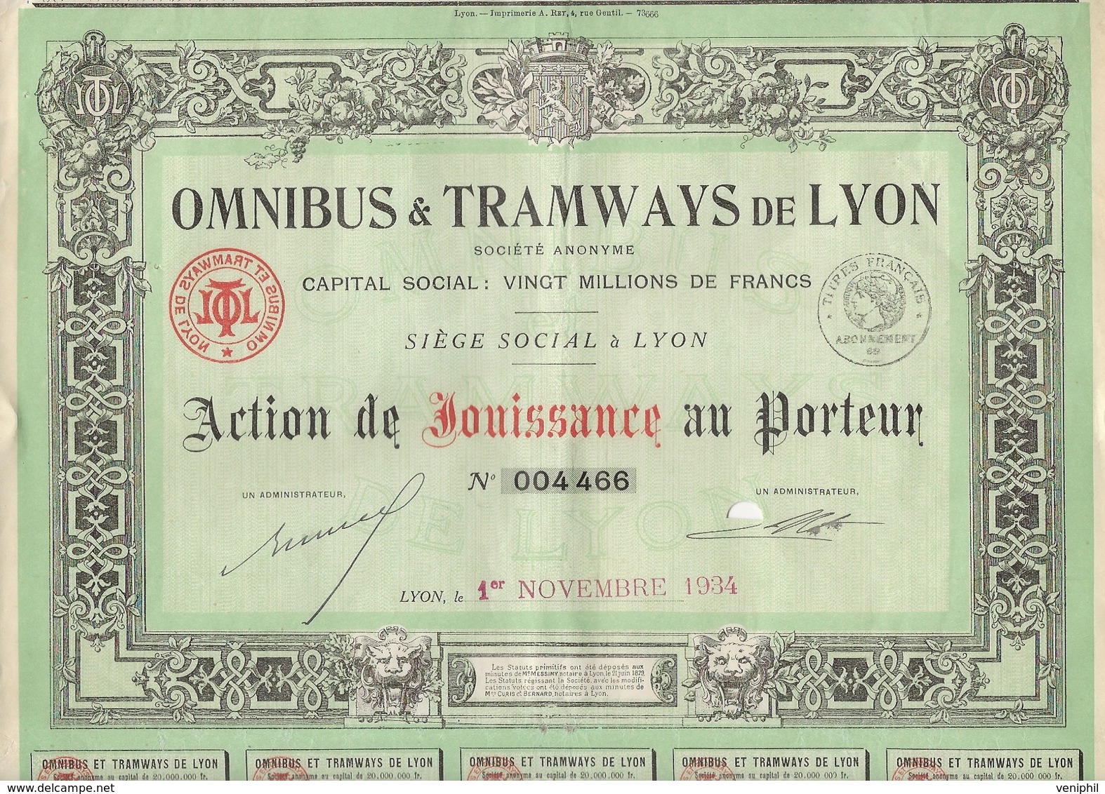 OMNIBUS ET TRAMWAYS DE LYON - ACTION DE JOUISSANCE AU PORTEUR  -ANNEE 1934 - Railway & Tramway