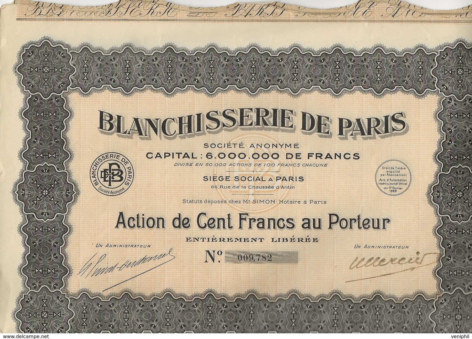 BLANCHISSERIE DE PARIS - ACTION DE 100 FRANCS - ANNEE 1929 - Autres & Non Classés