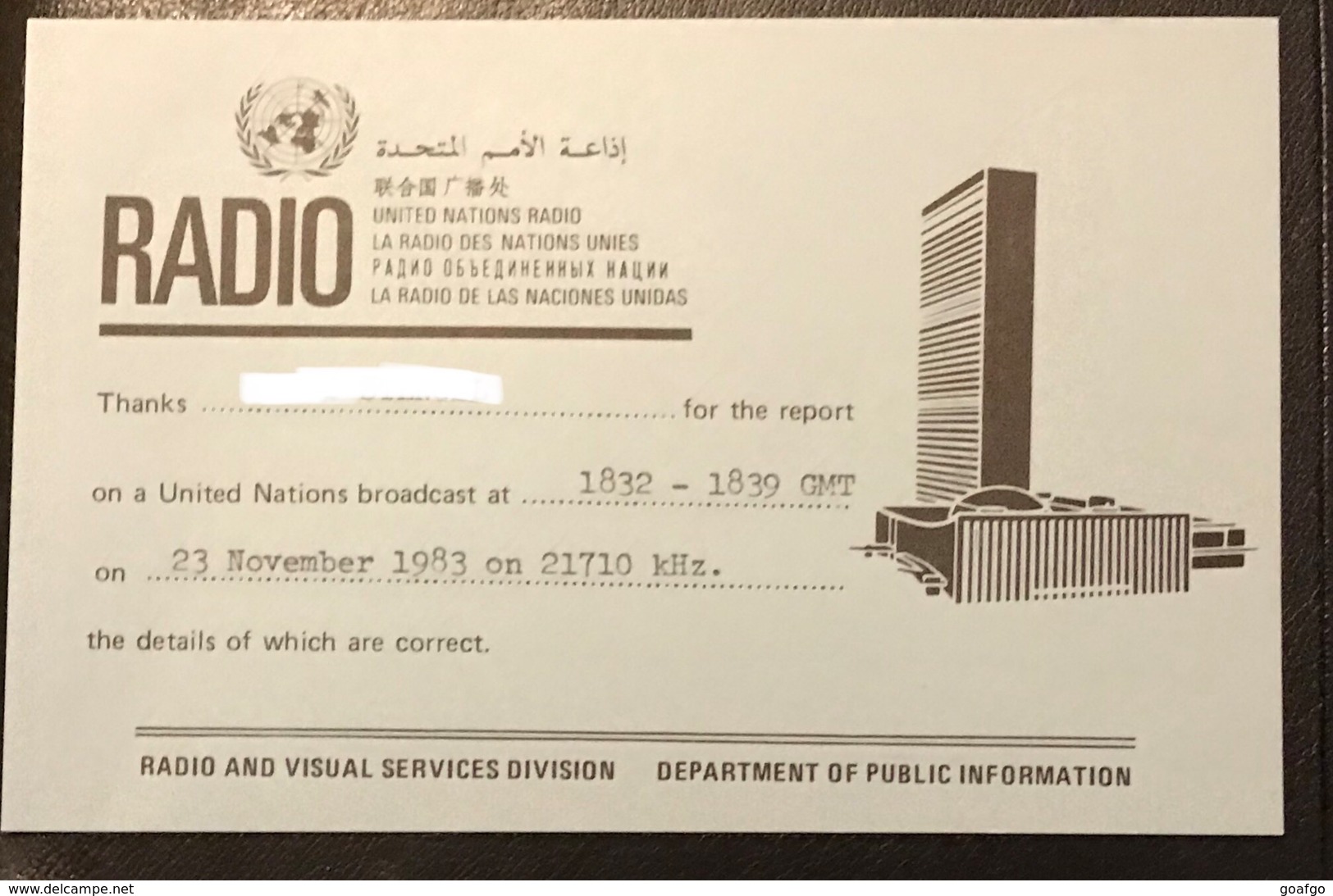 Qsl Card United Nations Radio 1983 La Radio Des Nations Unies Transmitting On Shortwave 21.710 KHz - Radio